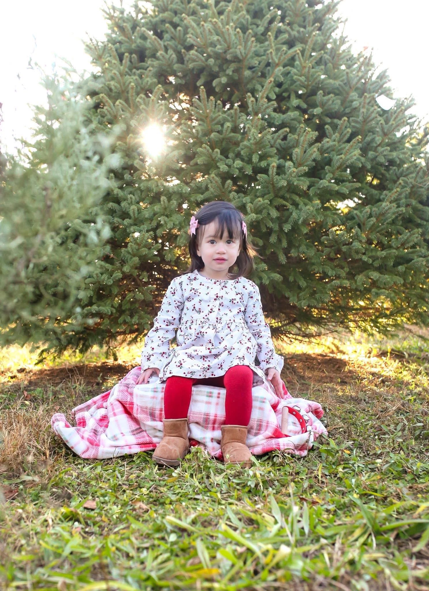 Young child seated outdoors near a Christmas tree